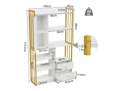 Estante com 5 prateleiras, 1 porta e 2 gavetas - estilo industrial - Branco e Dourado