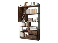 Estante com 5 prateleiras, 1 porta e 2 gavetas - estilo industrial - Castanho e Preto