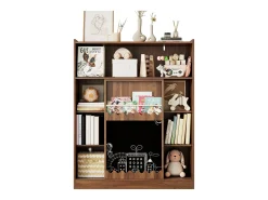 Estante cor nogueira com porta de correr, quadro preto e 9 prateleiras abertas, MDF