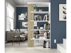 Estante Dblanc, Estante dupla face com 5 prateleiras, Prateleira divisória para escritório ou quarto, 90x25h180 cm, Branco e Carvalho