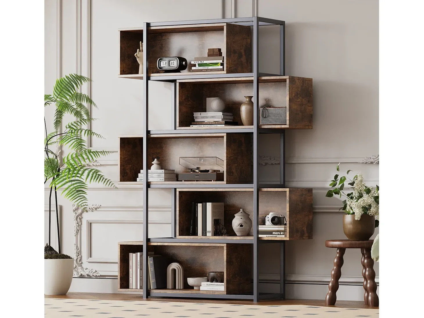 Estante de 5 andares com prateleiras - 121 x 35 x 176 cm - Madeira MDF e tubo de aço - Marrom