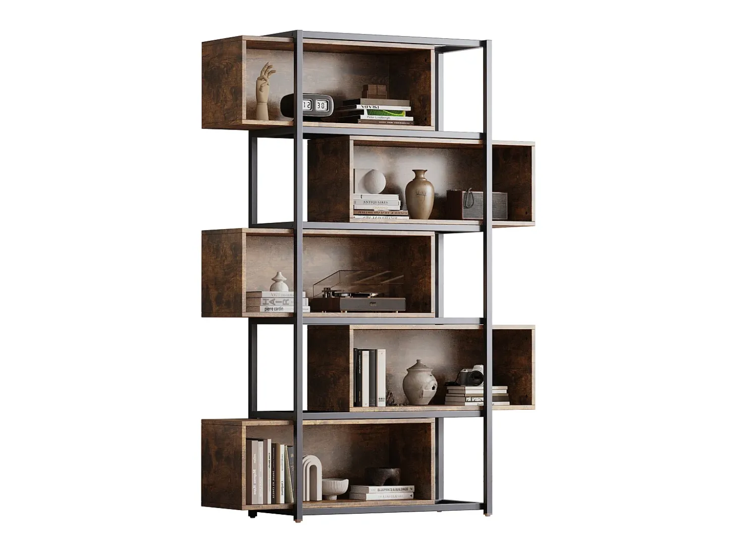 Estante de 5 andares com prateleiras - 121 x 35 x 176 cm - Madeira MDF e tubo de aço - Marrom