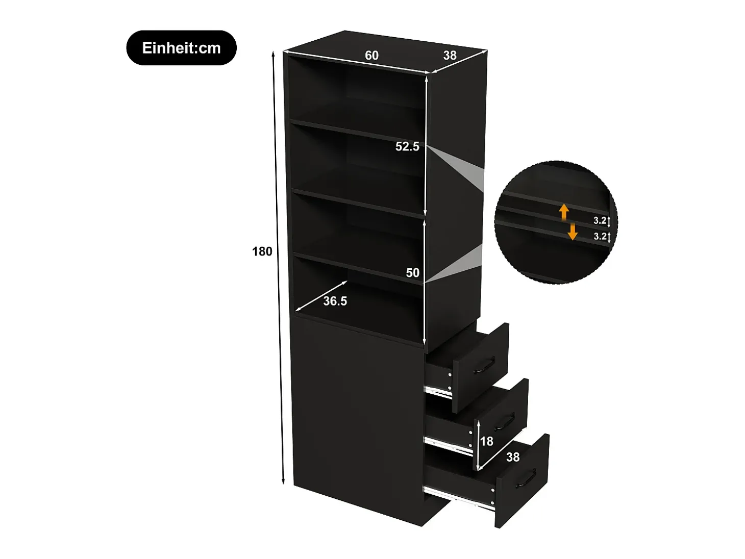 Estante de 180 cm de altura - con 3 gavetas laterais - Prateleiras ajustáveis - Reversível esquerdo/direito - Preto