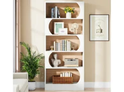 Estante de 5 níveis Tribesigns, prateleiras de armazenamento de 180 cm, estante grande de cubo aberto, prateleiras de exposição de madeira para quarto, sala de estar, escritório, branco e nogueira