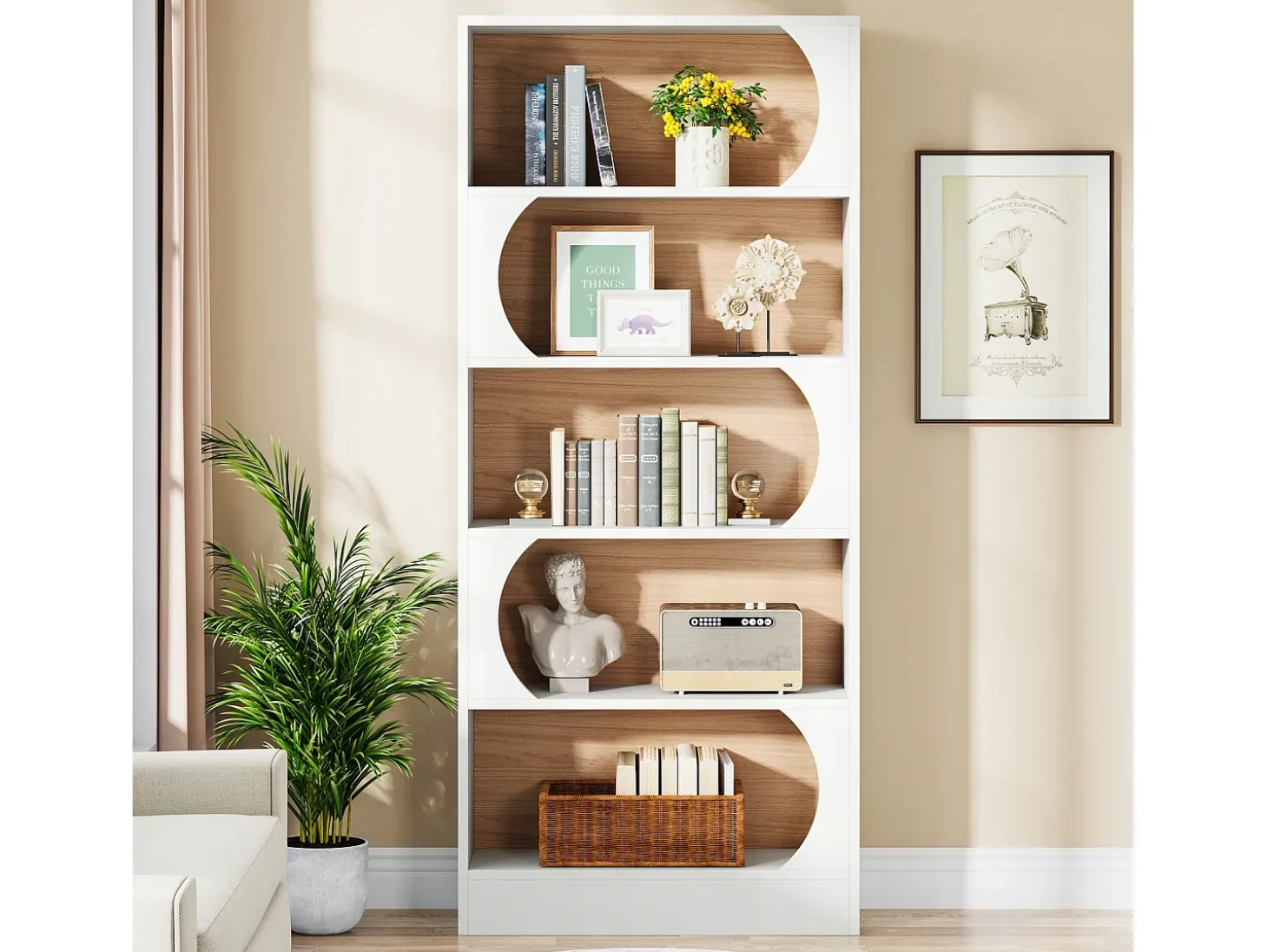 Estante de 5 níveis Tribesigns, prateleiras de armazenamento de 180 cm, estante grande de cubo aberto, prateleiras de exposição de madeira para quarto, sala de estar, escritório, branco e nogueira