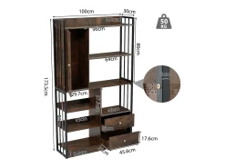 Estante de 6 prateleiras com uma porta e 2 gavetas - 100 x 30 x 173,5 - Aglomerado e metal - marrom + preto