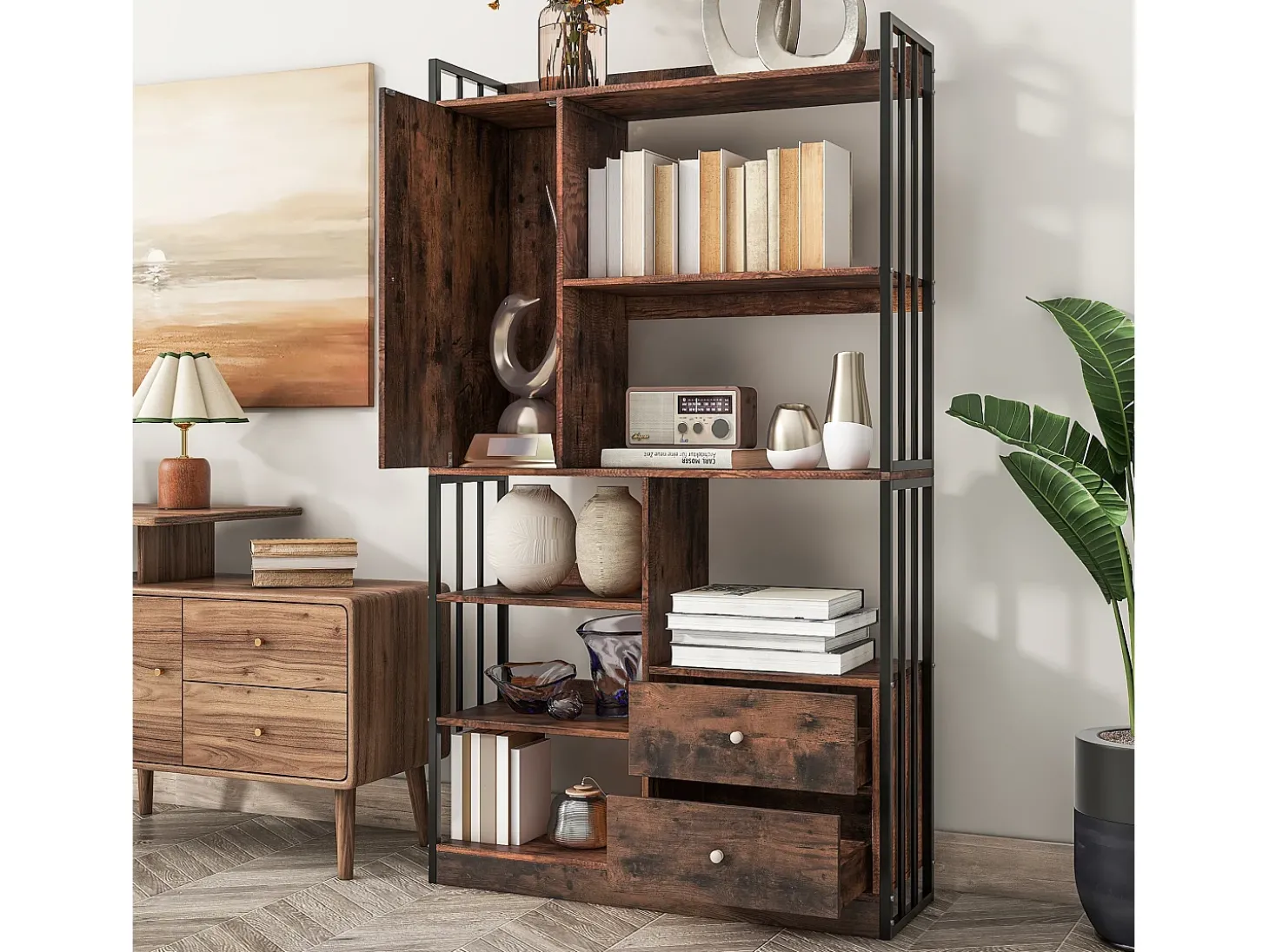 Estante de 6 prateleiras com uma porta e 2 gavetas - 100 x 30 x 173,5 - Aglomerado e metal - marrom + preto