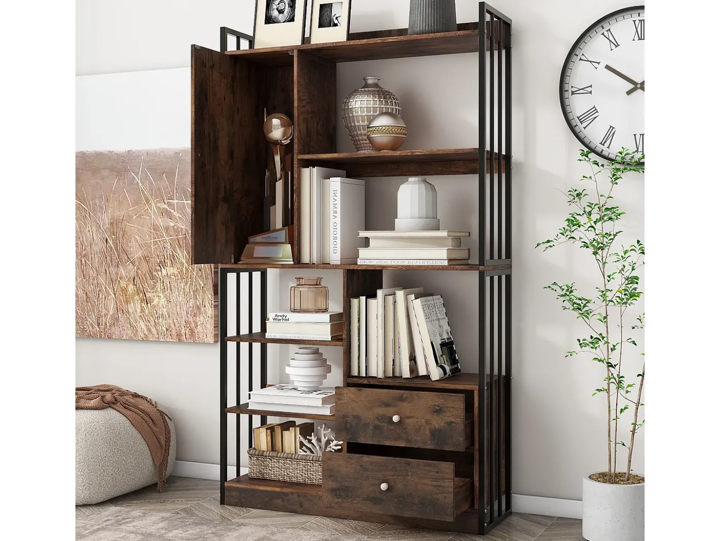 Estante de 6 prateleiras com uma porta e 2 gavetas - 100 x 30 x 173,5 - Aglomerado e metal - marrom + preto