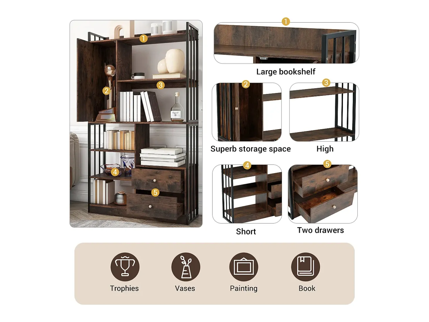 Estante de 6 prateleiras com uma porta e 2 gavetas - 100 x 30 x 173,5 - Aglomerado e metal - marrom + preto