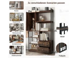 Estante de 6 prateleiras com uma porta e 2 gavetas - 100 x 30 x 173,5 - Aglomerado e metal - marrom + preto