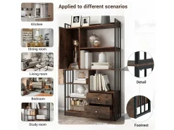 Estante de 6 prateleiras com uma porta e 2 gavetas - 100 x 30 x 173,5 - Aglomerado e metal - marrom + preto