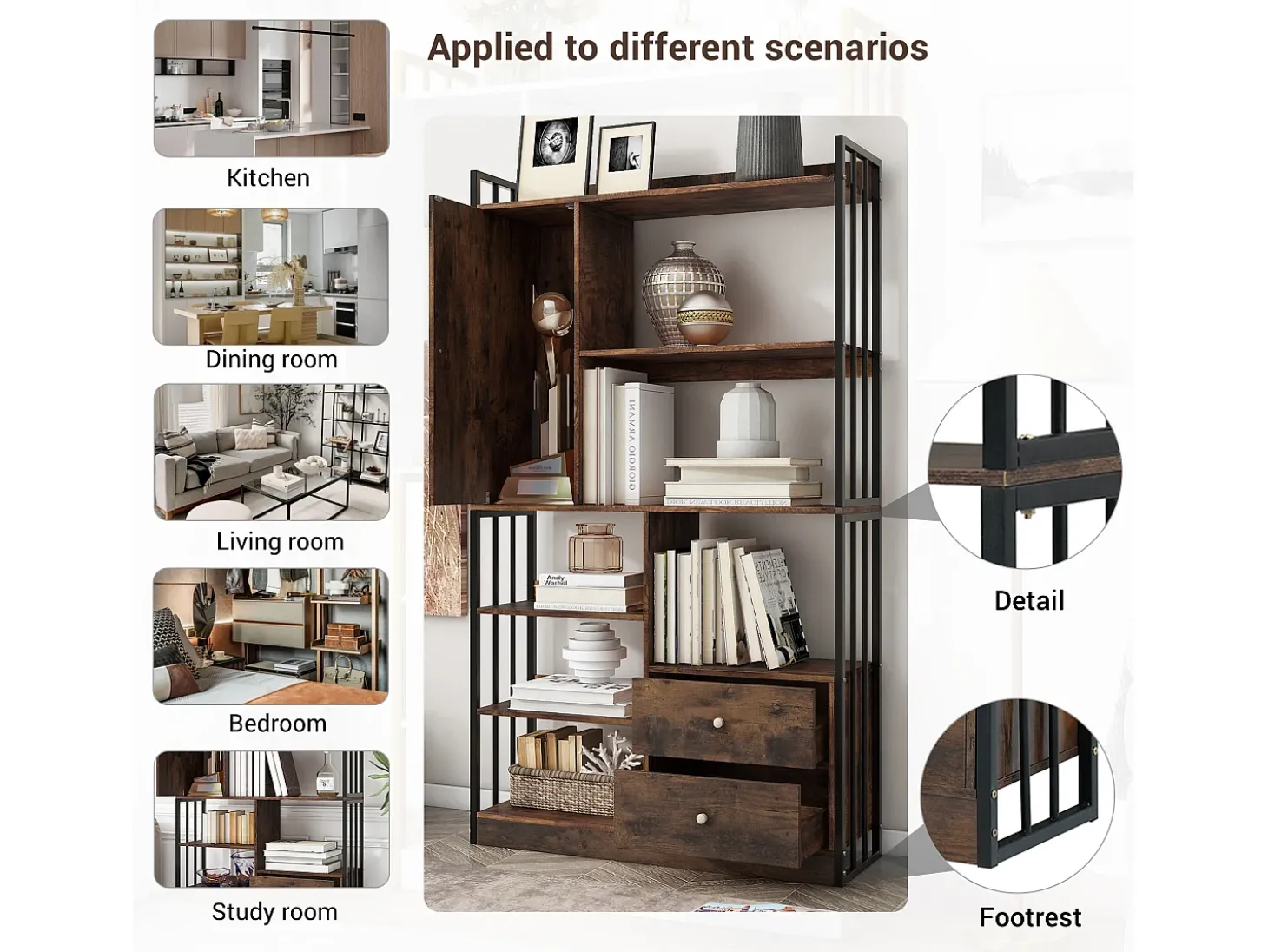 Estante de 6 prateleiras com uma porta e 2 gavetas - 100 x 30 x 173,5 - Aglomerado e metal - marrom + preto