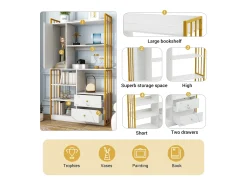 Estante de 6 prateleiras com uma porta e 2 gavetas - 100 x 30 x 173,5 - Aglomerado e metal - ouro + branco