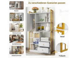 Estante de 6 prateleiras com uma porta e 2 gavetas - 100 x 30 x 173,5 - Aglomerado e metal - ouro + branco