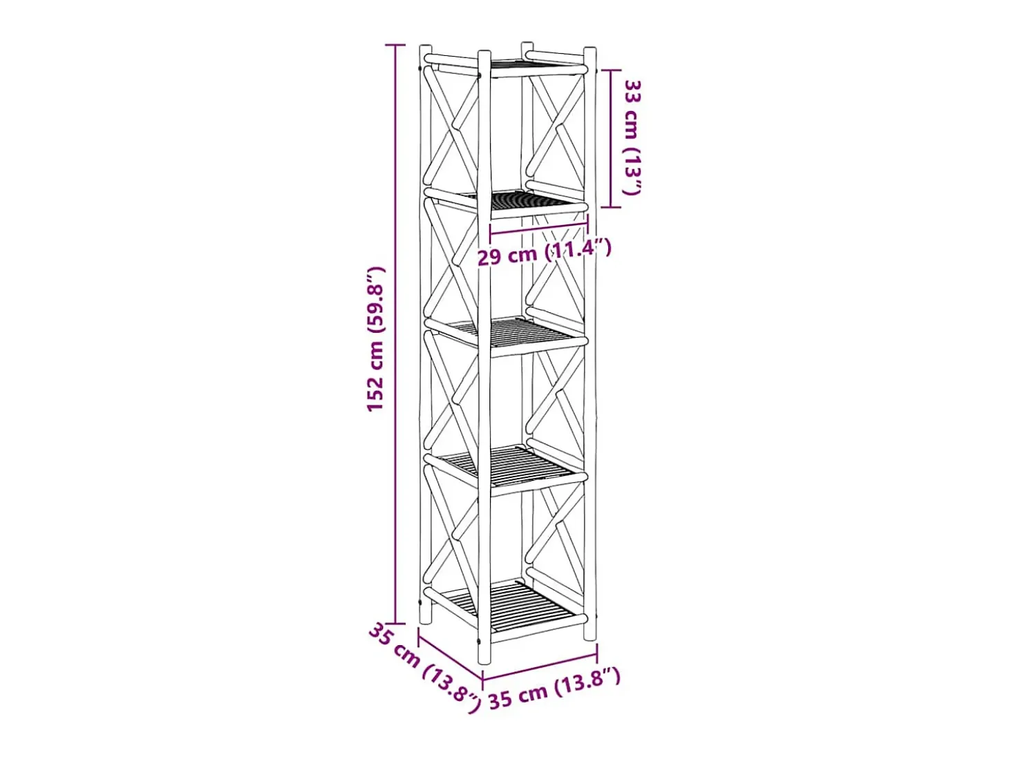 Estante de bambu quadrada com 5 prateleiras