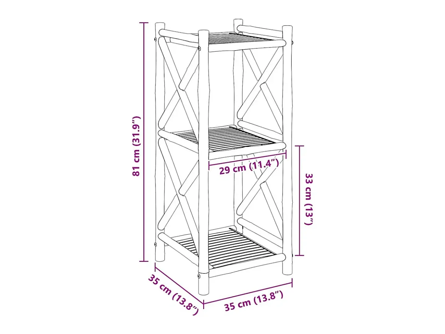 Estante de bambu quadrada com 3 prateleiras
