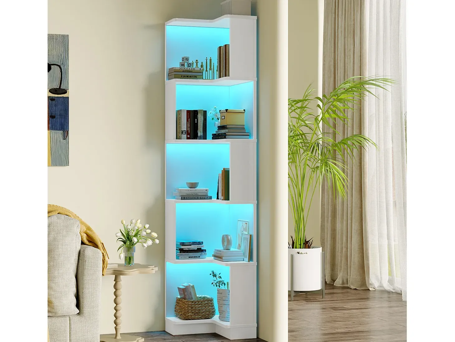 Estante de canto - 63,5 x 45 x 175 cm - com LEDs + 5 prateleiras - MDF - branco