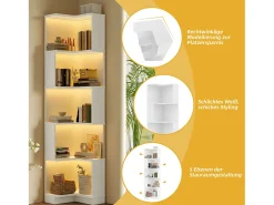 Estante de canto - 63,5 x 45 x 175 cm - com LEDs + 5 prateleiras - MDF - branco
