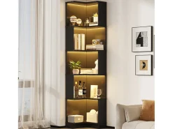 Estante de canto moderna - 63,5 x 45 x 175 cm - com LEDs + 5 prateleiras - MDF - preta