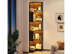 Estante de canto moderna - 63,5 x 45 x 175 cm - com LEDs + 5 prateleiras - MDF - preta