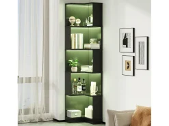 Estante de canto moderna - 63,5 x 45 x 175 cm - com LEDs + 5 prateleiras - MDF - preta