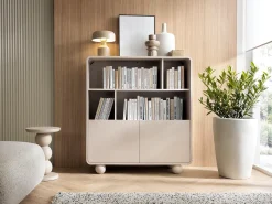 Estante de caxemira com prateleiras e armário – Design moderno, pernas em formato de bola, 108 x 121 x 39 cm