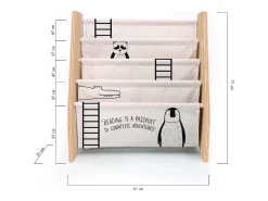 Estante de livros em contraplacado de pinho e tecido estampado Animais Montessori