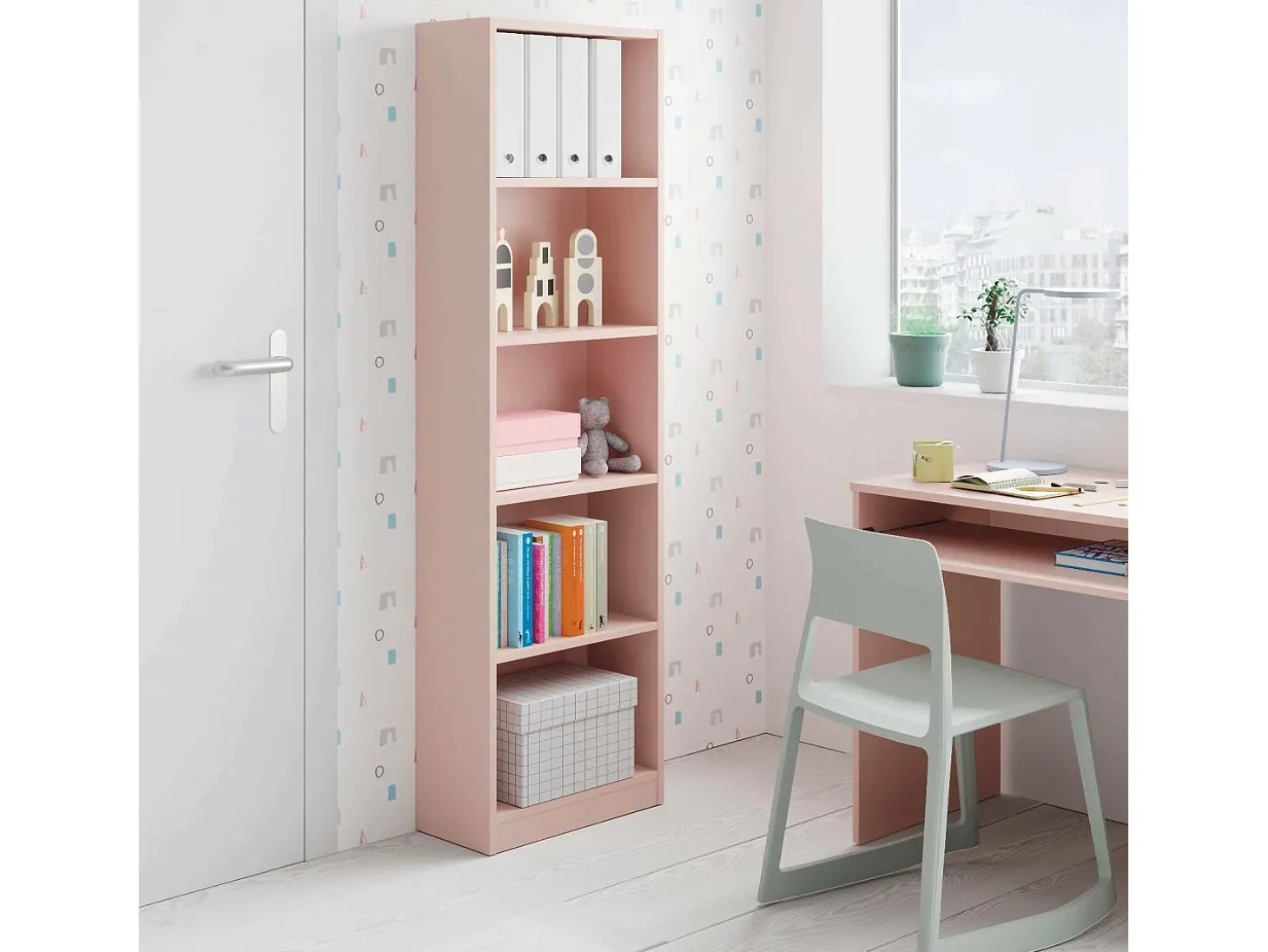 Estante Dmacagg, Estante alta com 5 prateleiras, Estante de escritório ou quarto, Estante moderna com compartimentos, 52x25h180 cm, Rosa