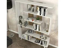 Estante Dmandell, Estante de escritório, Estante de livros, Biblioteca, 120x20h162 cm, Branco e Noz