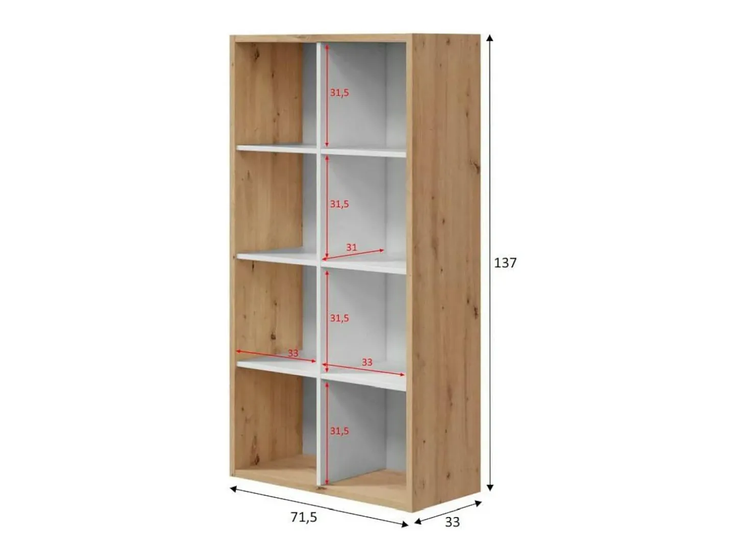 Estante Dmarini, Estante reversível com 8 compartimentos, Móvel TV multiposições, 72x33h137 cm, Carvalho com efeito nó e Branco