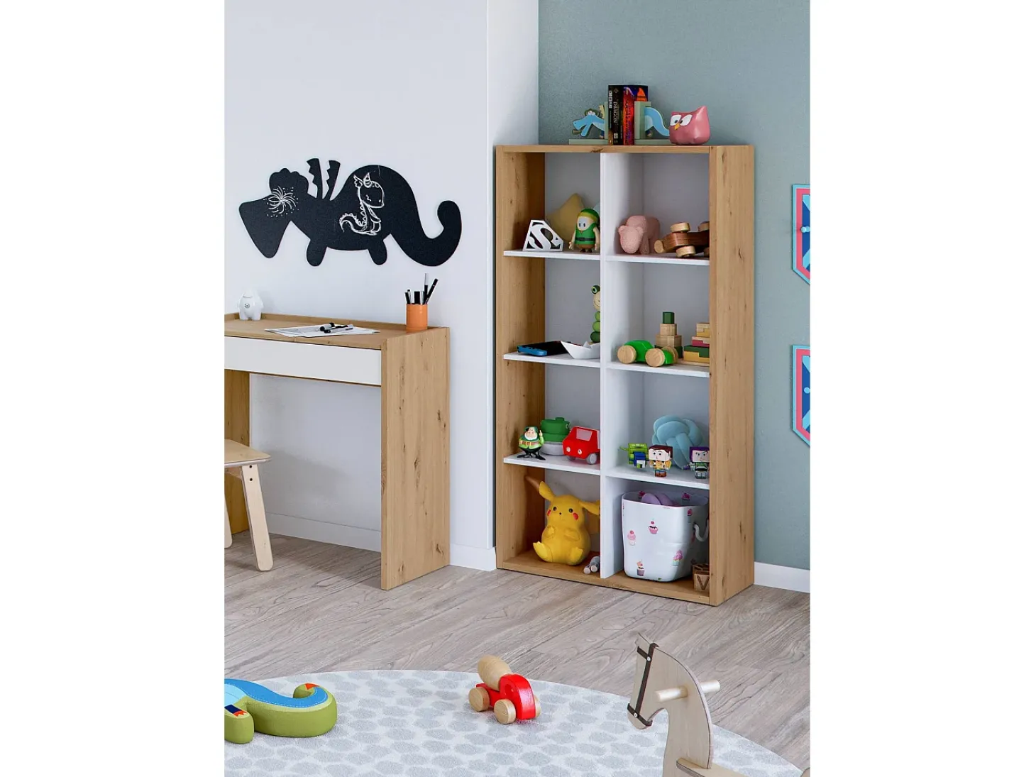 Estante Dmarini, Estante reversível com 8 compartimentos, Móvel TV multiposições, 72x33h137 cm, Carvalho com efeito nó e Branco