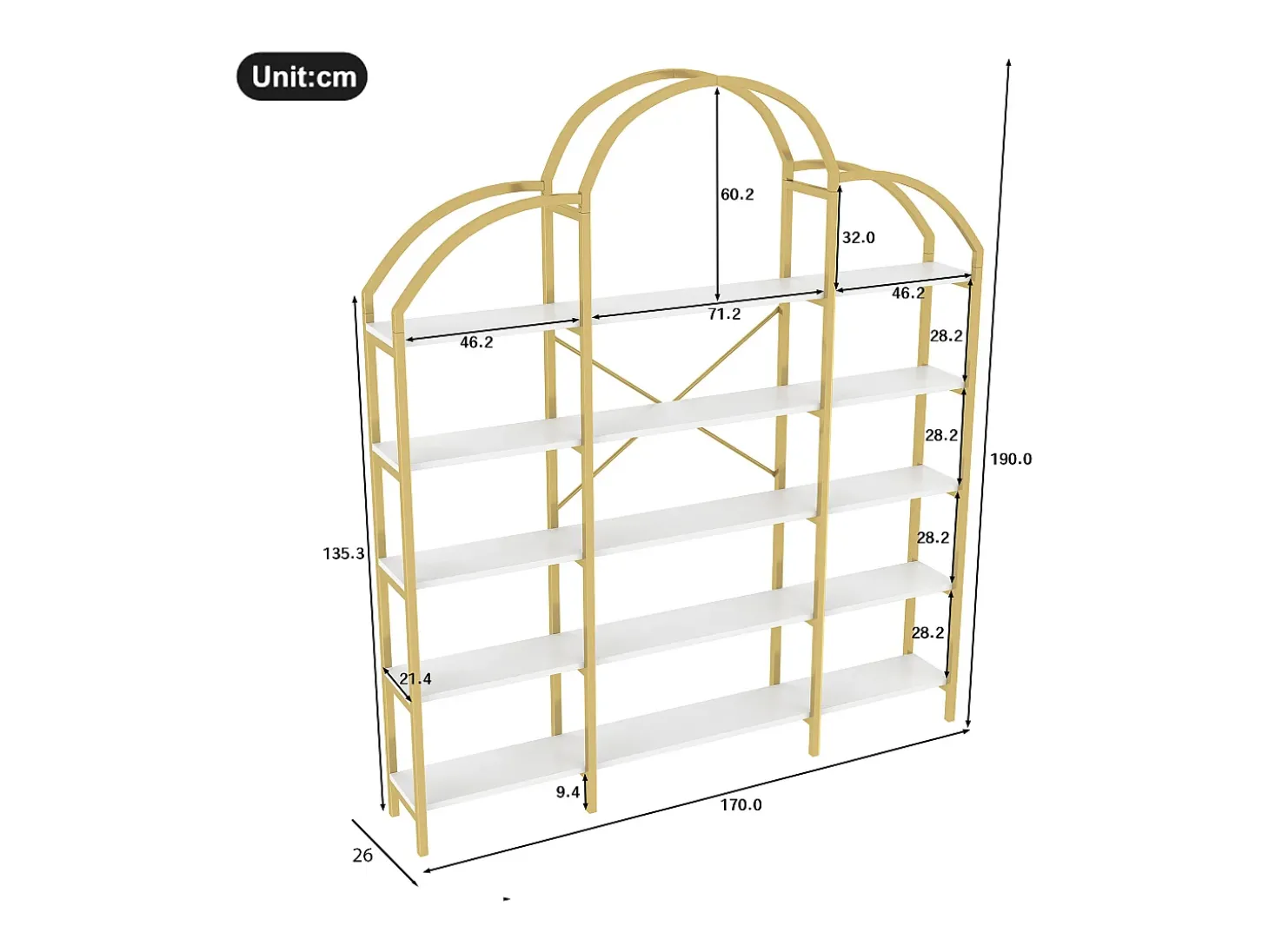 Estante em forma de nuvem com 5 prateleiras - MDF e metal - Dourado e branco