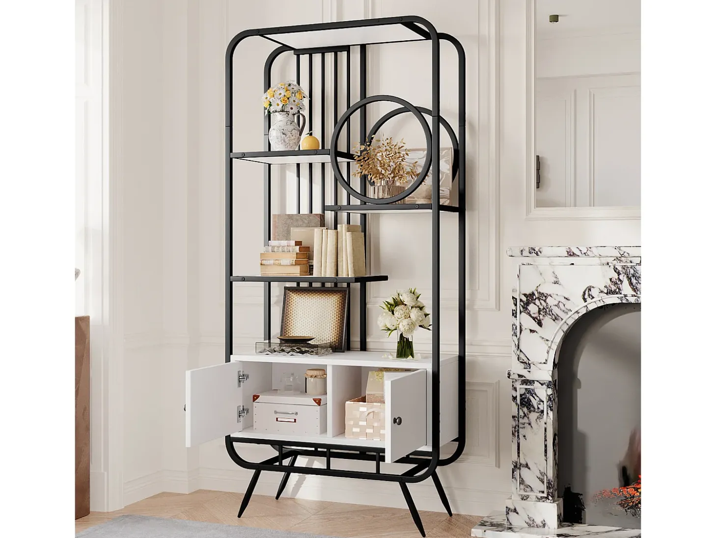 Estante em metal e MDF - 3 prateleiras e 2 portas - Preto e branco