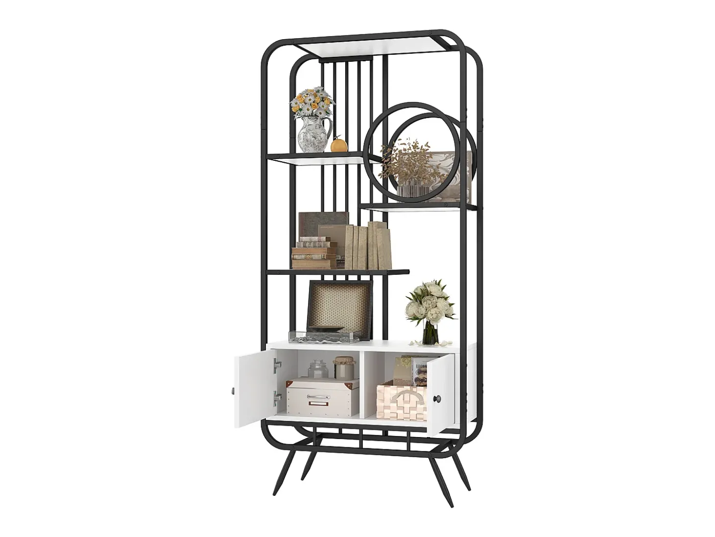 Estante em metal e MDF - 3 prateleiras e 2 portas - Preto e branco