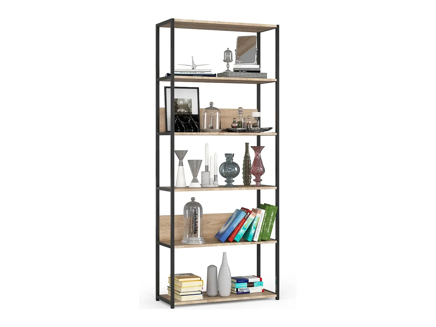 Estante estilo loft com prateleiras de madeira 80 cm Preto, Carvalho Sonoma 80x32x192 cm