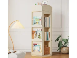 Estante Giratória - 63 x 63 x 142 cm - Prateleira de Armazenamento para Crianças e Adultos - MDF - Natural