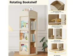 Estante Giratória - 63 x 63 x 142 cm - Prateleira de Armazenamento para Crianças e Adultos - MDF - Natural