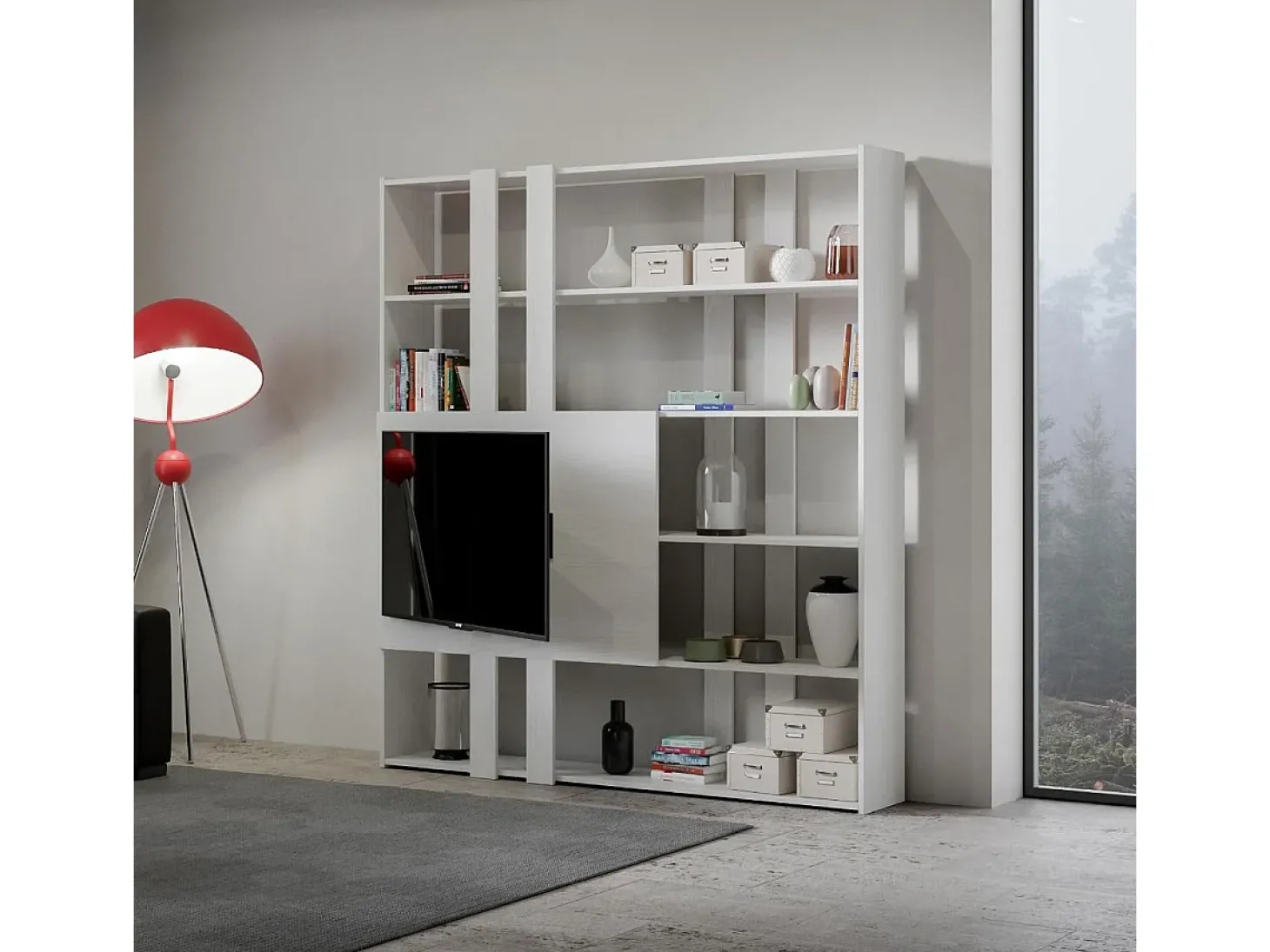 Estante Kato H com suporte para TV cinza branca