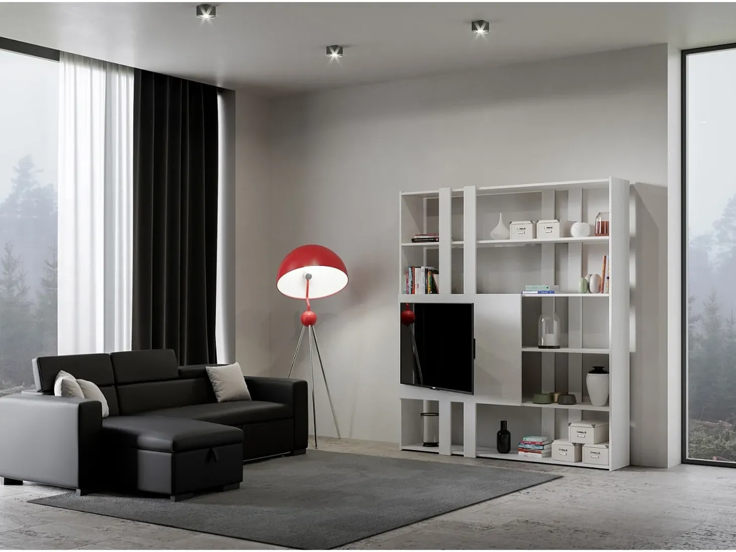 Estante Kato H com suporte para TV cinza branca