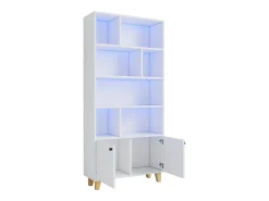 Estante moderna - 80 x 30 x 173 cm - com vários espaços de armazenamento + 2 portas + LEDs - Madeira maciça + MDF - branco
