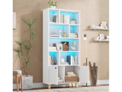 Estante moderna - 80 x 30 x 173 cm - com vários espaços de armazenamento + 2 portas + LEDs - Madeira maciça + MDF - branco