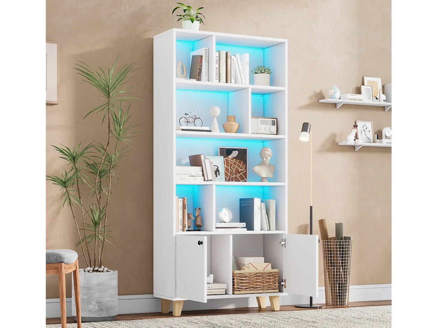 Estante moderna - 80 x 30 x 173 cm - com vários espaços de armazenamento + 2 portas + LEDs - Madeira maciça + MDF - branco