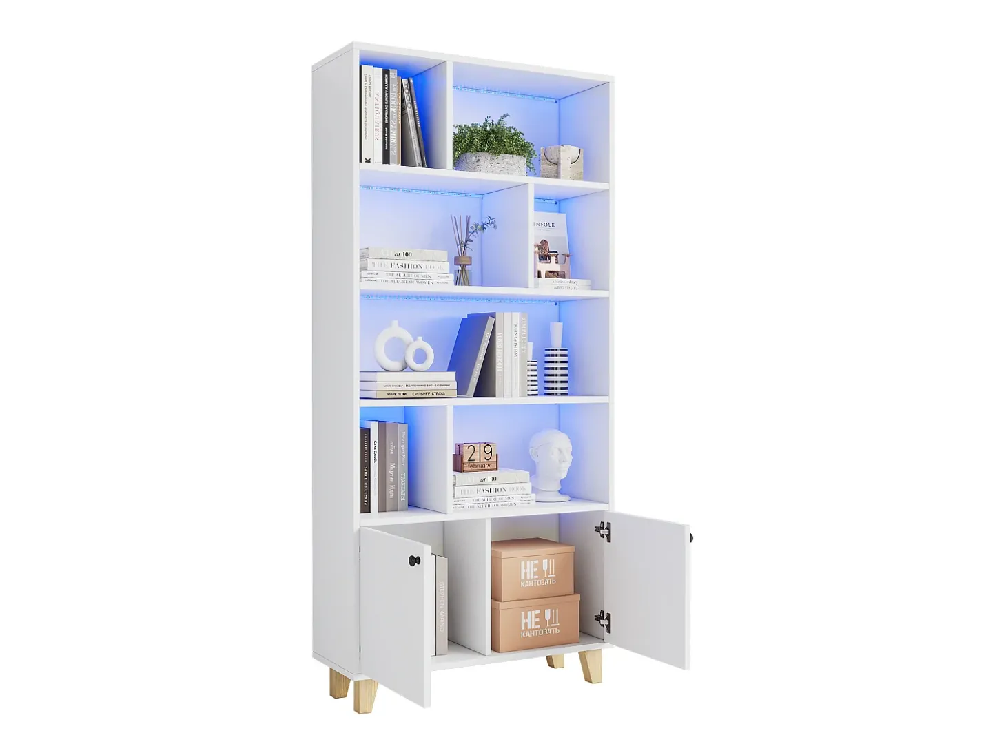 Estante moderna - 80 x 30 x 173 cm - com vários espaços de armazenamento + 2 portas + LEDs - Madeira maciça + MDF - branco