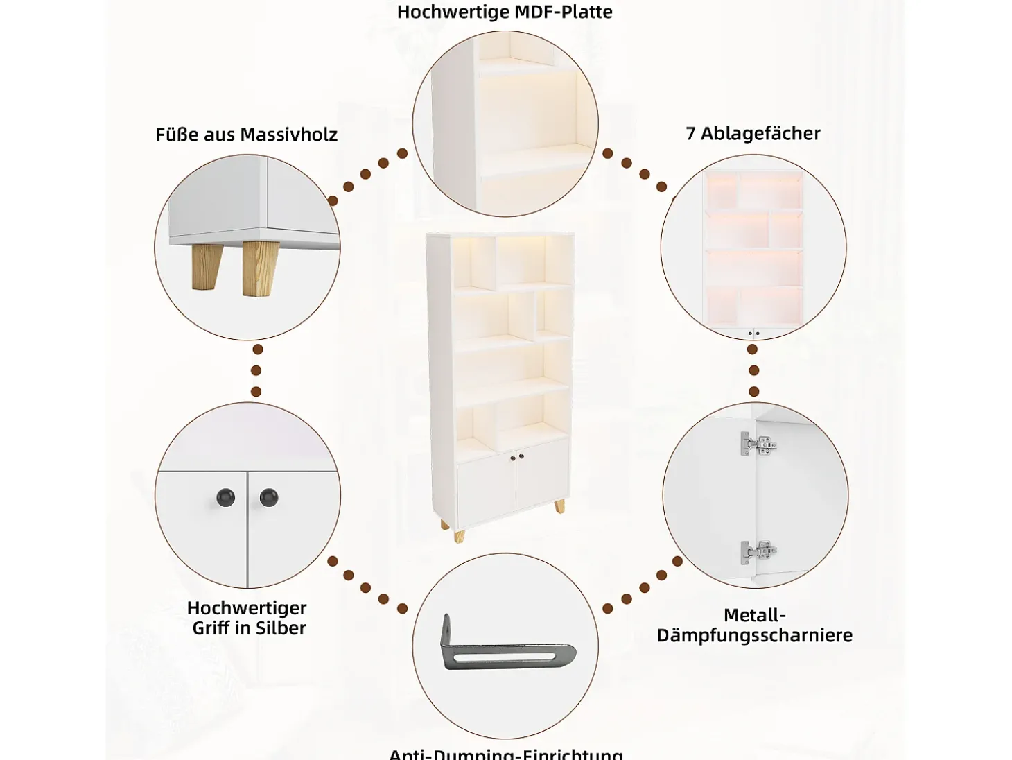 Estante moderna - 80 x 30 x 173 cm - com vários espaços de armazenamento + 2 portas + LEDs - Madeira maciça + MDF - branco