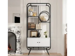 Estante moderna em metal 80×30×180 cm - móvel com 2 portas - 3 prateleiras - decoração circular - branco + preto