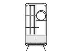 Estante moderna em metal 80×30×180 cm - móvel com 2 portas - 3 prateleiras - decoração circular - branco + preto