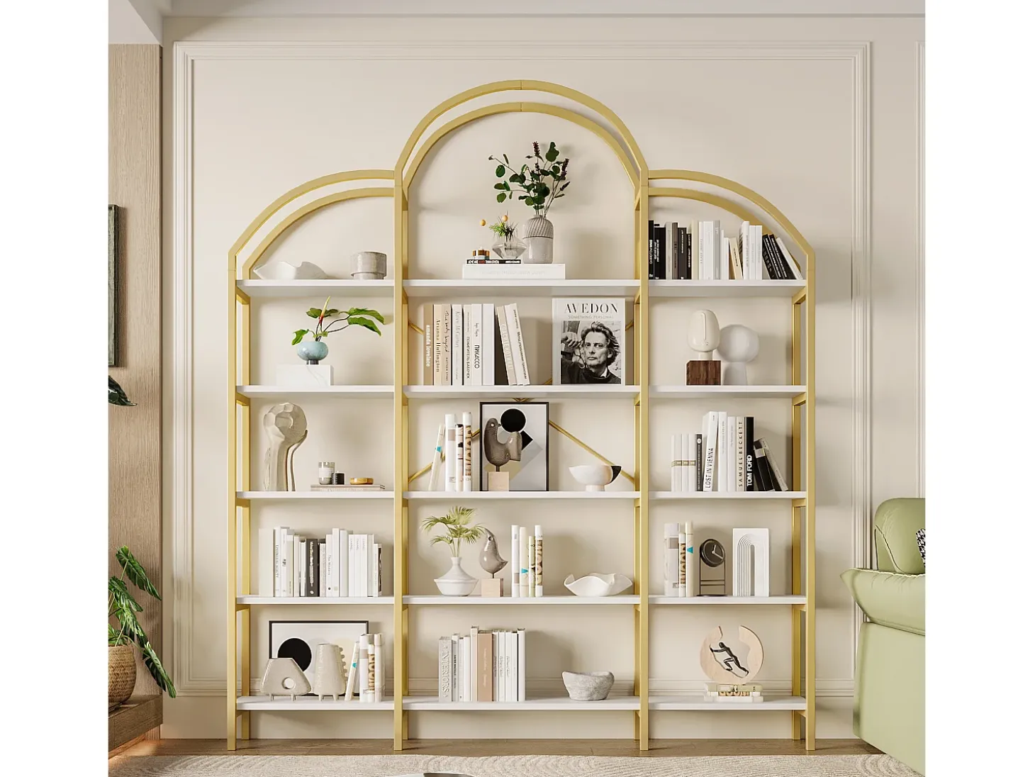 Estante moderna em metal 170×26×190 cm - formato nuvem - 5 níveis de armazenamento - dourado + branco
