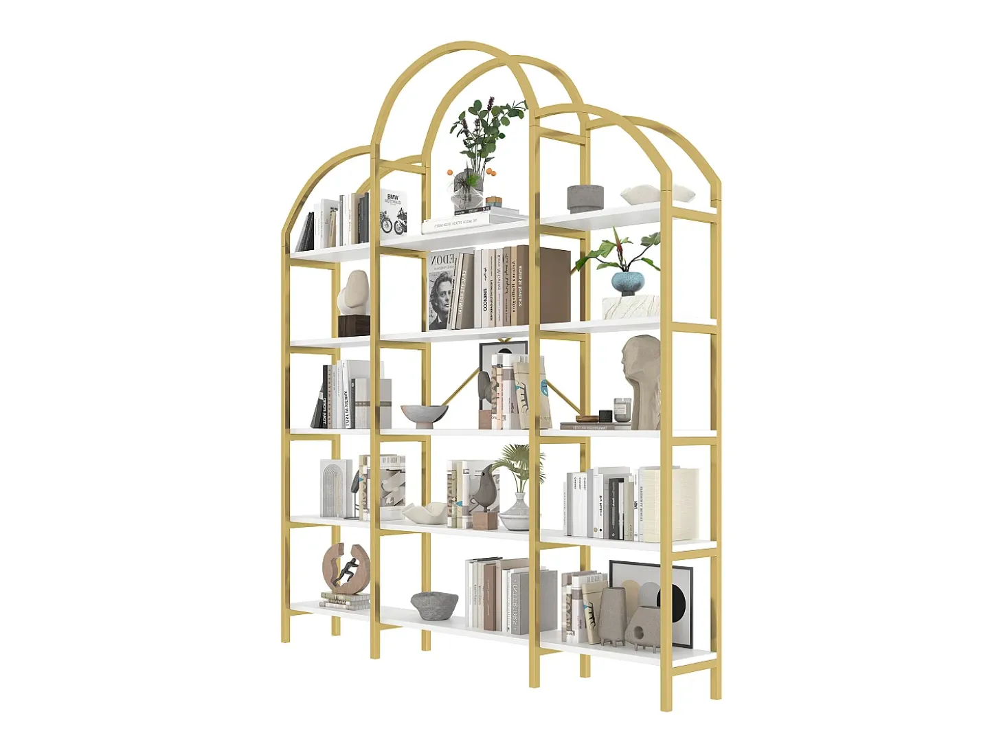 Estante moderna em metal 170×26×190 cm - formato nuvem - 5 níveis de armazenamento - dourado + branco