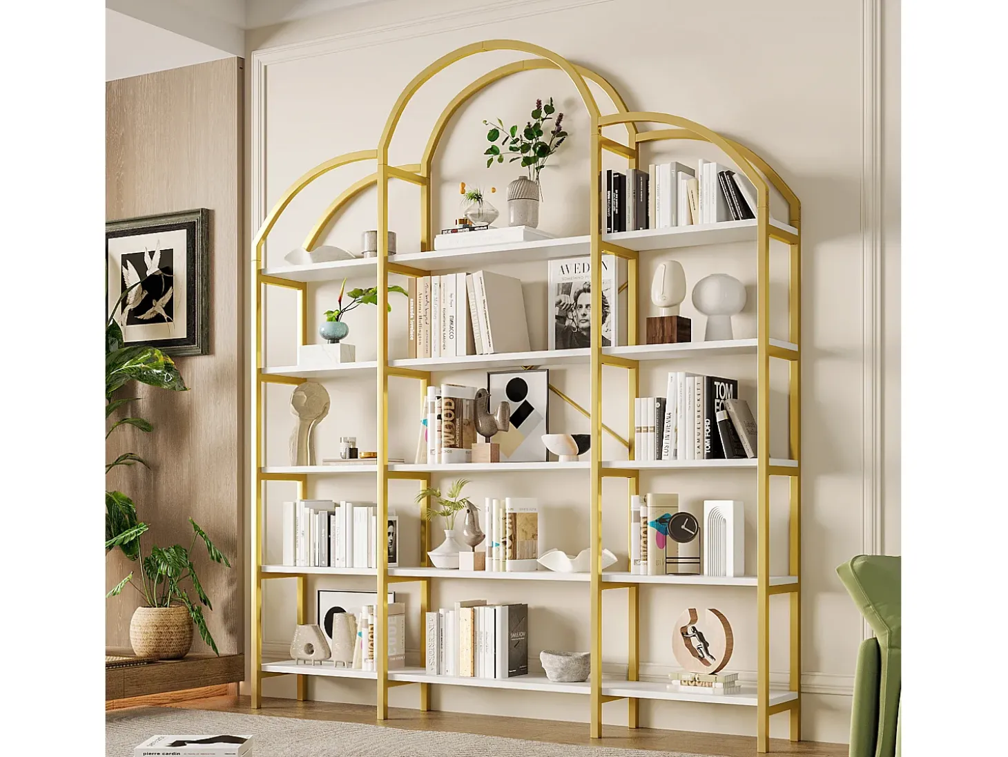 Estante moderna em metal 170×26×190 cm - formato nuvem - 5 níveis de armazenamento - dourado + branco