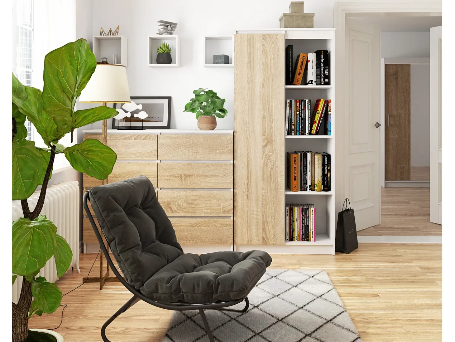 Estante Modular R80 1 Porta e 4 Prateleiras Cor Branco/Carvalho de Sonoma